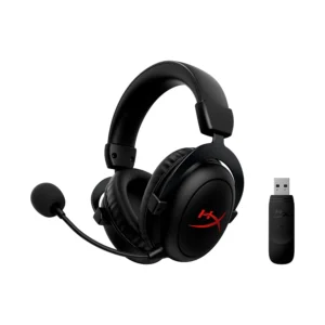 Беспроводная игровая гарнитура HyperX Cloud II Core с черным дизайном, регулируемым оголовьем и мягкими амбушюрами для комфортного использования. Гарнитура оснащена съемным микрофоном для четкой передачи голоса. Беспроводная технология обеспечивает свободу движений и идеально подходит для длительных игровых сессий, предлагая immersive звук