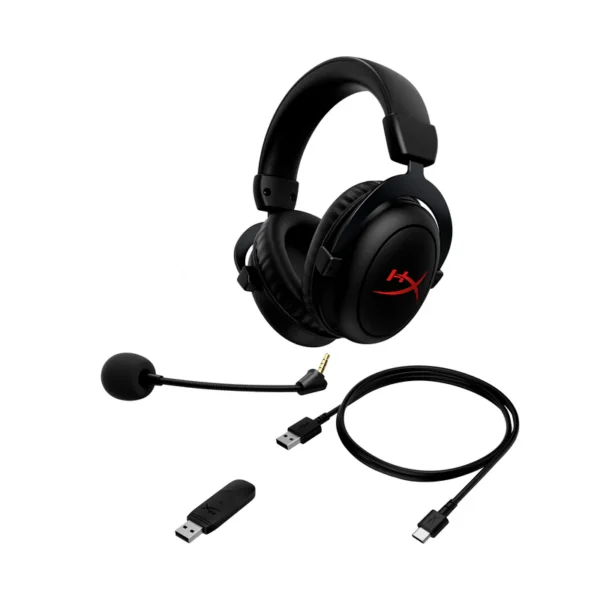 Беспроводная игровая гарнитура HyperX Cloud II Core с черным дизайном, регулируемым оголовьем и мягкими амбушюрами для комфортного использования. Гарнитура оснащена съемным микрофоном для четкой передачи голоса. Беспроводная технология обеспечивает свободу движений и идеально подходит для длительных игровых сессий, предлагая immersive звук