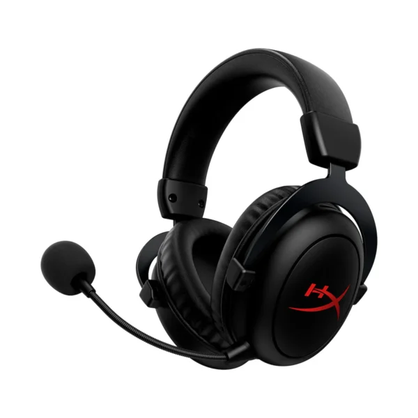 Беспроводная игровая гарнитура HyperX Cloud II Core с черным дизайном, регулируемым оголовьем и мягкими амбушюрами для комфортного использования. Гарнитура оснащена съемным микрофоном для четкой передачи голоса. Беспроводная технология обеспечивает свободу движений и идеально подходит для длительных игровых сессий, предлагая immersive звук